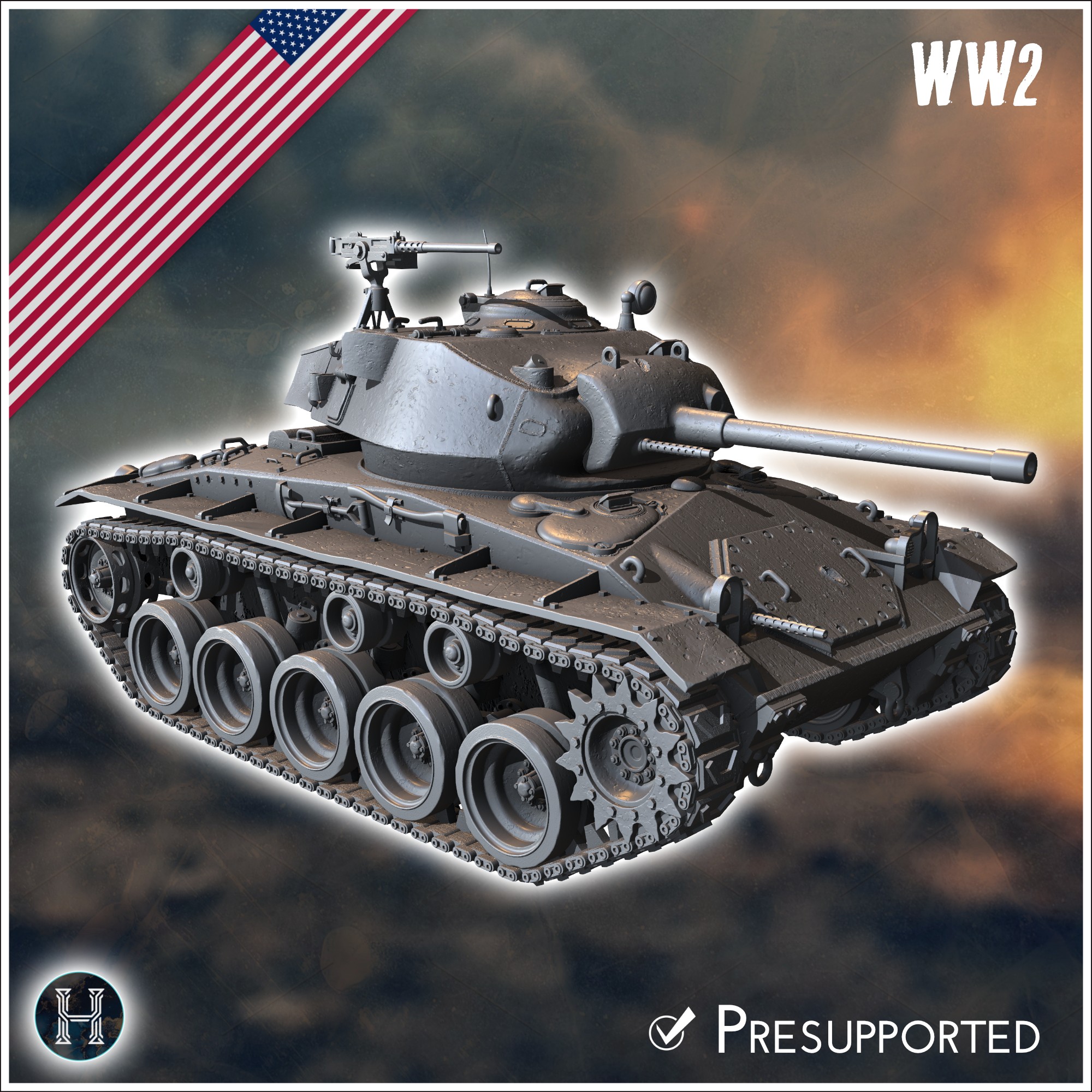 M24 Chaffee Light Tank (combat damaged version) - USA US Army Western Front Normandy Africa Bulge WWII D-Day